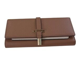 CallagHan Brown Saffiano Trifold Wallet Gold Hardware Cream Interior Card Holder